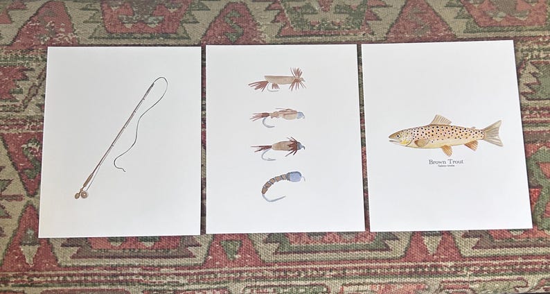 May include: Three watercolor prints depicting fly fishing. The first print shows a fly fishing rod and line. The second print shows five different fly fishing lures. The third print shows a brown trout fish with the text "Brown Trout" below it.