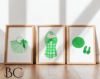 Watercolor Vintage Beach Print Set, Kelly Green Summer Wall Art, Beach & Lake House Decor, Framed Art Gift