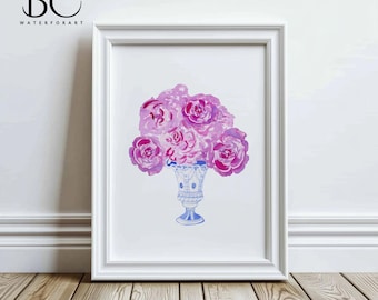 Peonías moradas en jarrón chinoiserie, estampado de peonías en acuarela, estampado floral de peonías chinoiserie, porcelana azul y blanca.