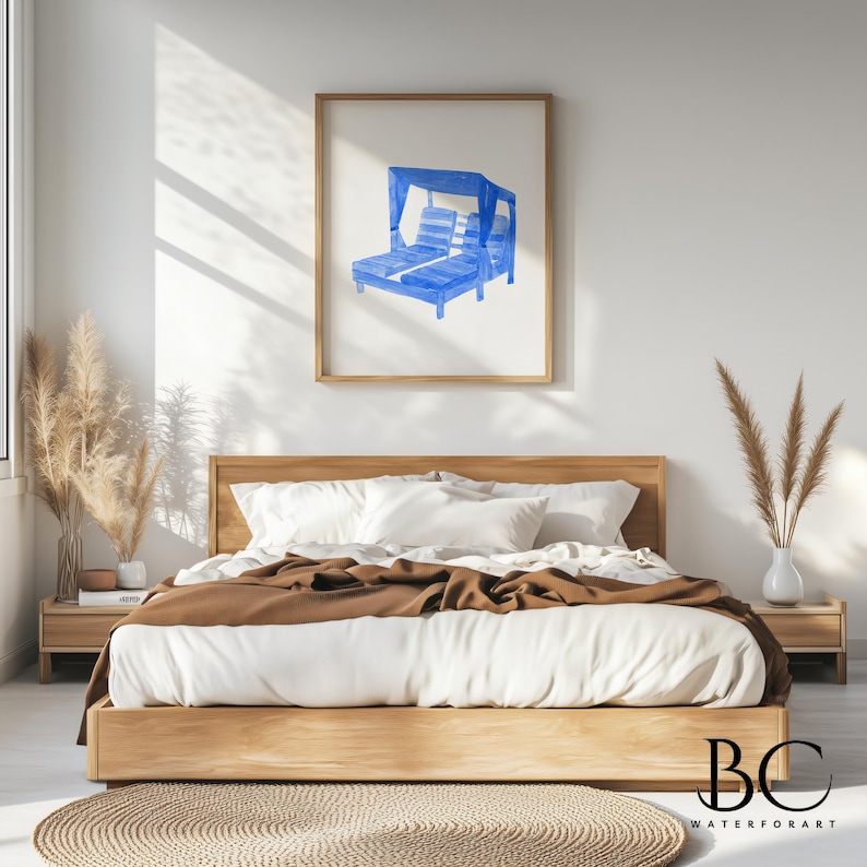 May include: A watercolor painting of a blue lounge chair with a canopy, set against a white background.