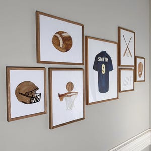 Personalized Watercolor Sports Gallery Wall Art, Jersey Basketball Football Baseball Golf Decor, Nursery Sports Print Set, Sports Lover Gift