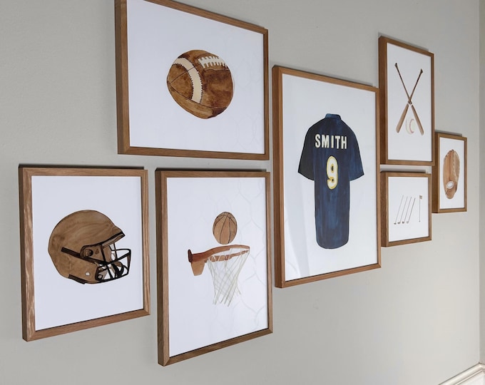 Personalized Watercolor Sports Gallery Wall Art, Jersey Basketball Football Baseball Golf Decor, Nursery Sports Print Set, Sports Lover Gift