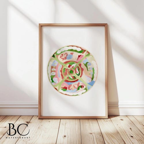 Impression d'art assiette en porcelaine aquarelle, impression d'assiette aquarelle médaillon rose, oeuvre de chinoiseries, impression d'art de style médaillon famille rose