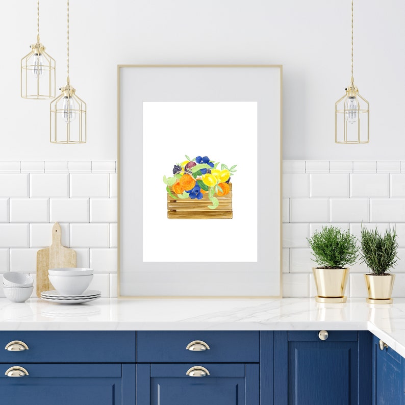 Watercolor Fruit Basket Art Print, Kitchen Decor print, Watercolor fruit, Kitchen Wall Art, farmers market basket art print, food home decor image 1