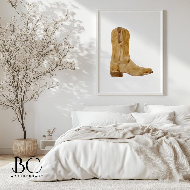 May include: A watercolor painting of a brown cowboy boot with a white background. The boot is a classic style with a pointed toe and a high heel.