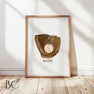 Watercolor Baseball Glove print, Personalized Baseball print, Personalized Sport art prints, Boys baseball room decor, baseball gift