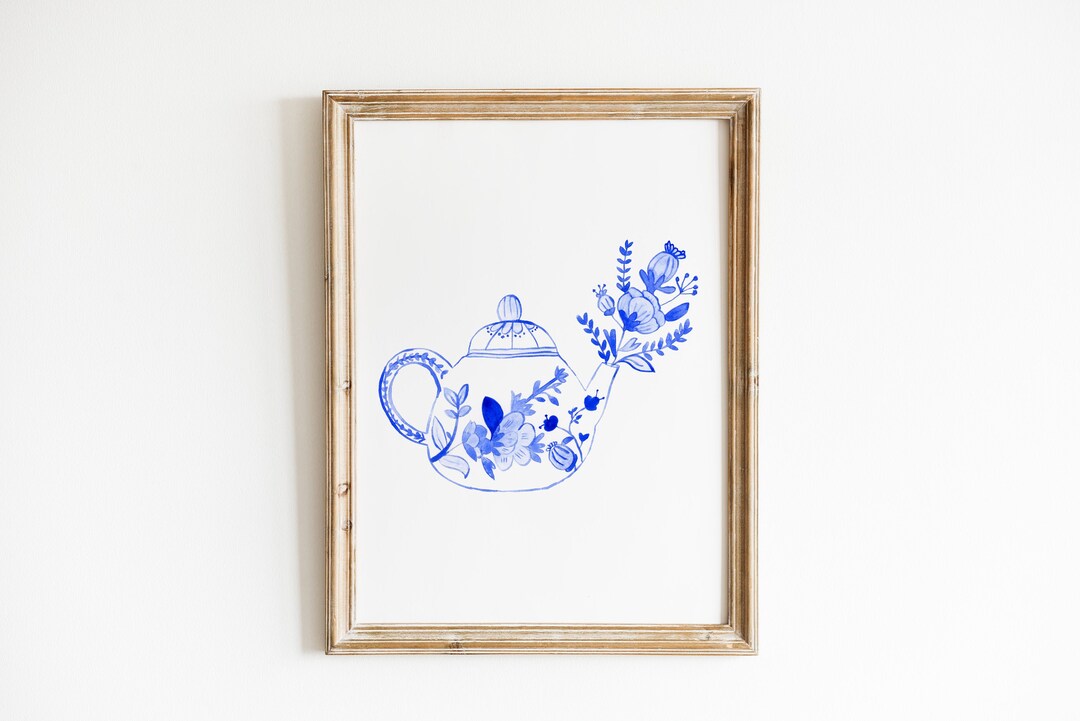 Watercolor Vintage Blue Coffee Makers Kitchen Print, Blue and White