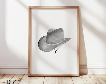 Stampa artistica con cappello da cowboy in acquerello grigio, perfetta decorazione da parete western per case coloniche e di campagna, regalo per gli amanti del western, regalo di compleanno da cowboy.