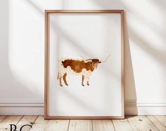 Watercolor Longhorn Art Print, Cow Print, Cowboy Art Print, Western Print, Cattle art print, Texas Art, Farmhouse and Ranch Decor