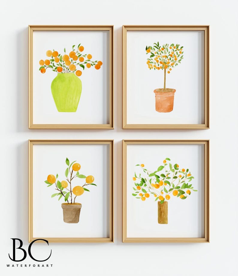 May include: Set of four watercolor prints featuring orange trees in various arrangements. The prints depict orange trees in pots and vases, with lush green leaves and vibrant orange fruit.