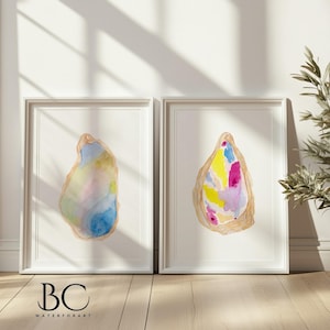 Watercolor Oyster Art Print set of 2, Oyster Shell prints, Beach House Decor, Lake House Wall Art, Shell art, Oyster Painting, Oyster Art