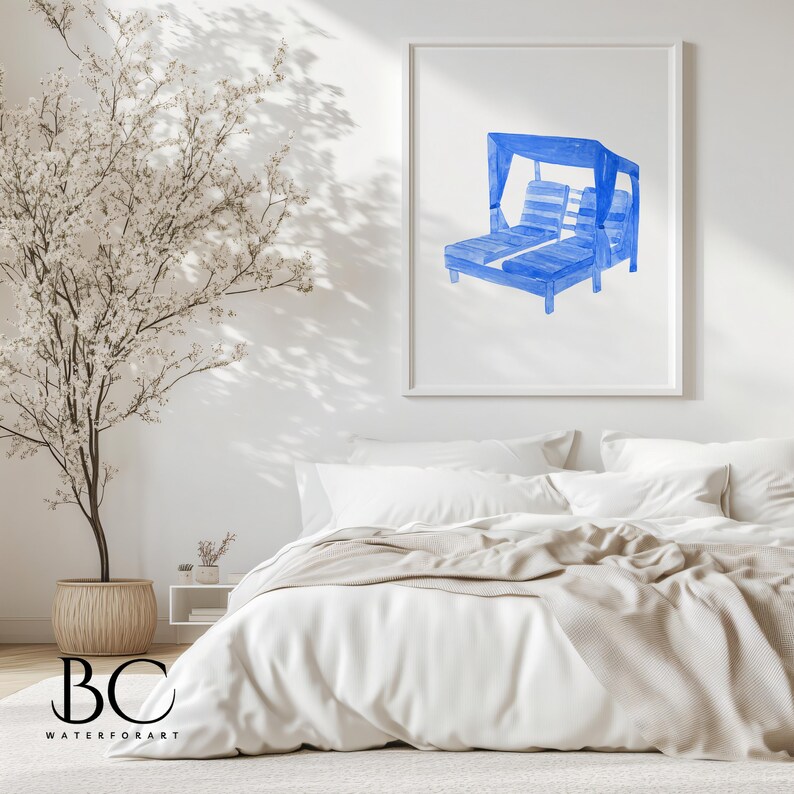 May include: A watercolor painting of a blue lounge chair with a canopy. The chair is in a bedroom setting with a white bed and a white wall.