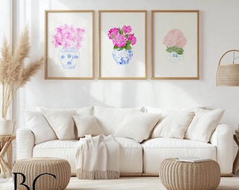 Set of 3 Coastal Pink Watercolor Hydrangea Art Prints, Blue and White Chinoiserie Porcelain Art, Pink Watercolor Hydrangea Home Art Decor