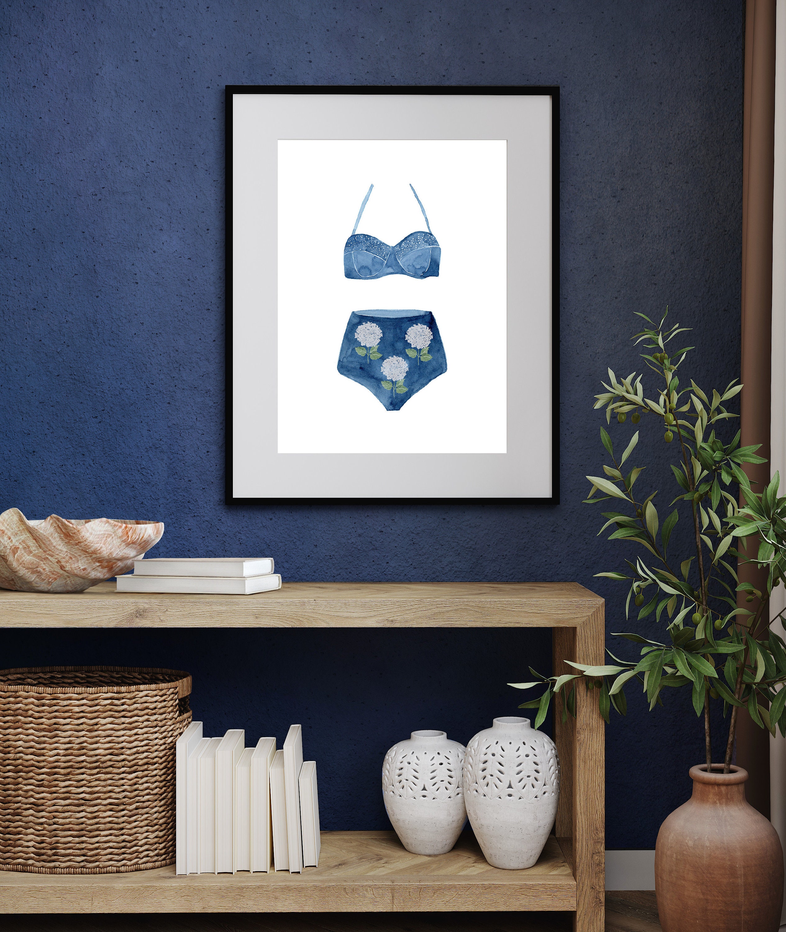 Watercolor Vintage Swimsuit Art Print Hydrangea Bathing Suit Etsy