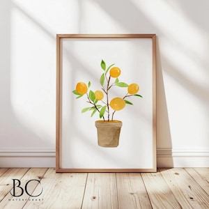 Aquarell Orangenbaum in braunem Topf, Kunstdruck von Orangenbäumen, Orangenbaum Küche Wandkunst, Wohndekor, Galeriewandkunst, Orangenliebhaber Geschenk