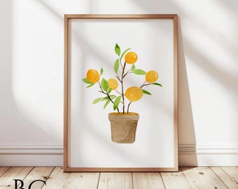 Watercolor orange tree in brown pot, citrus tree art print, orange tree kitchen wall art, home decor, gallery wall art, orange lover gift