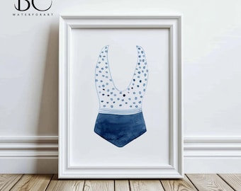 Stampa artistica di costume da bagno ad acquerello: costume da bagno blu navy vintage, arredamento per casa sulla spiaggia