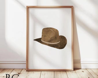 Stampa artistica con cappello da cowboy marrone ad acquerello, decorazione murale con cappello da cowboy western, arte texana, stampa western, arredamento rustico, arredamento per la casa in stile country