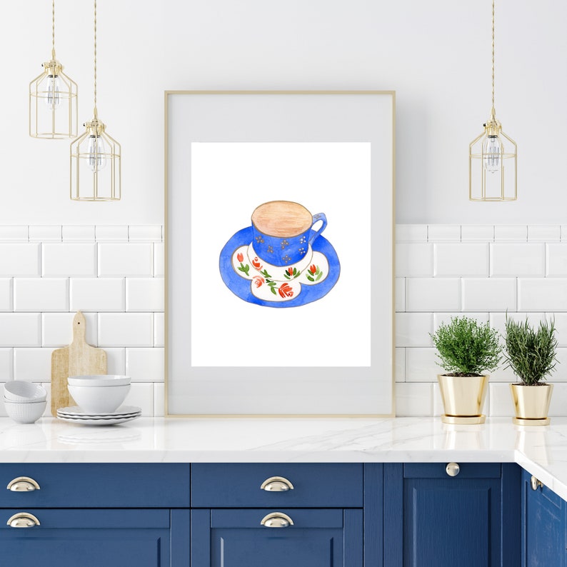 Watercolor Vintage Coffee Print, Blue Coffee Poster, Kitchen Art Print, Coffee Lover Gift, Coffee Wall Decor image 5