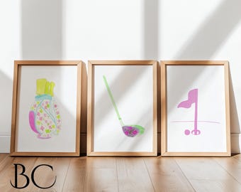 Golf Wall Art Set of 3, Feminine Golf Decor, Floral Golf Club & Bag Prints, Preppy Country Club Wall Art, Pink Golf Artwork, Golf Gift