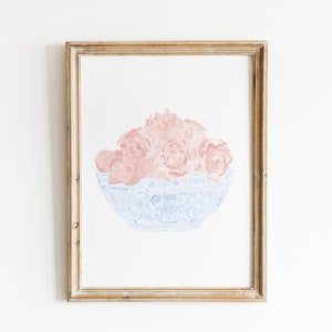 Watercolor Pink Peonies in Chinoiserie bowl, Peonies print, Chinoiserie Pink peonies floral print, neutral porcelain print, chinoiserie art image 1