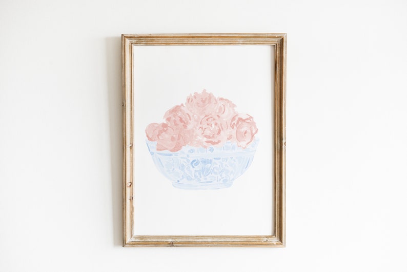 Watercolor Pink Peonies in Chinoiserie bowl, Peonies print, Chinoiserie Pink peonies floral print, neutral porcelain print, chinoiserie art image 1