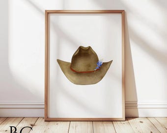 Stampa artistica con cappello da cowboy marrone ad acquerello, decorazione murale con cappello da cowboy western, arte texana, stampa western, stampe neutre, arredamento per la casa in stile country