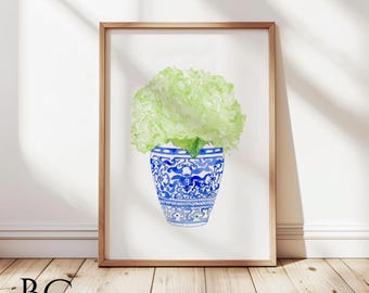 Green & Pink Watercolor Peony in Blue Vase art print, Country Home or Lakehouse Art Decor
