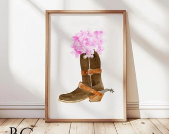 Watercolor Cowgirl Boot & Hydrangea Print, Pink and Brown Western Art, Farmhouse, Ranch, Country Home Decor,  Western Nursery