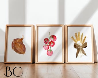 Watercolor Rustic Kitchen Art Prints - Set of 3, 2, or Single Vegetable Wall Decor: Heirloom Tomatoes, Onion, Wheat Bunch