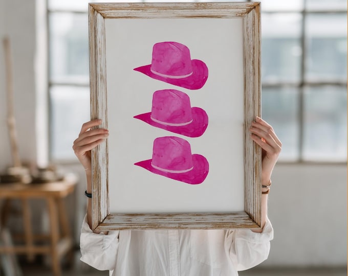 Watercolor Cowgirl Hat Art Print, Pink Western Art Decor, Cowboy Hat Art, Texas wedding, Farmhouse & Country Home Decor, Framed Art Gift