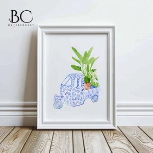 Aquarell Chinoiserie Palmenblätter in blauen und weißen Auto, Grüne Pflanze Kunstdruck, Blatt Druck, tropische Dekoration, Blaue Vase Tropische Blätter Druck
