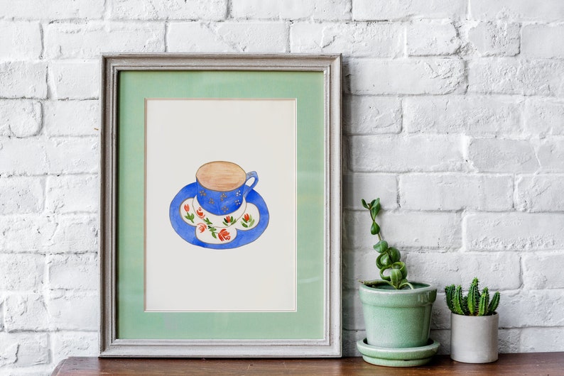 Watercolor Vintage Coffee Print, Blue Coffee Poster, Kitchen Art Print, Coffee Lover Gift, Coffee Wall Decor image 1