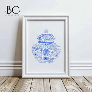 Chinoiserie ginger jar art print, Watercolor Chinoiserie Blue White porcelain art, Oriental Vase Art, Willow Style Porcelain Ginger Jar Art