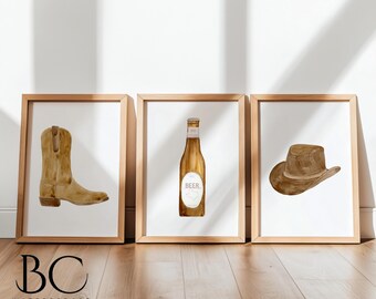 Western Decor Art Print Set: Cowboy Boot, Hat & Beer - Watercolor Style