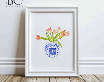 Aquarell Tulpen Chinoiserie Vase Kunstdruck, Küsten Blues Tulpe Porzellandruck, blau weißes Porzellan, rosa Blumen Aquarell, Home Decor