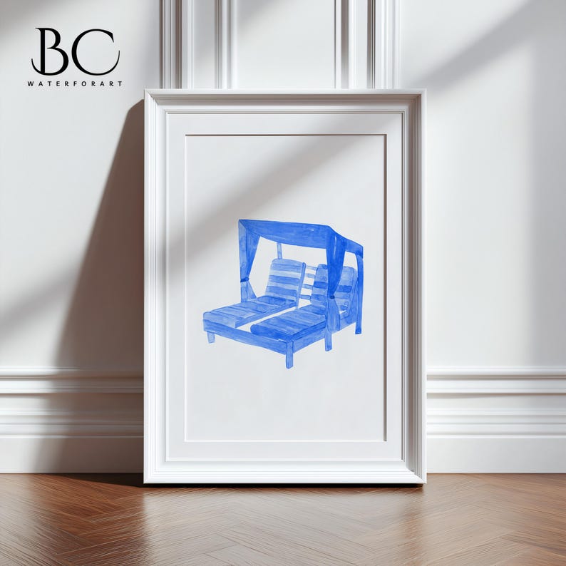May include: A watercolor painting of a blue lounge chair with a canopy. The chair is made of wood and has a striped pattern. The canopy is made of fabric and has a blue and white pattern.