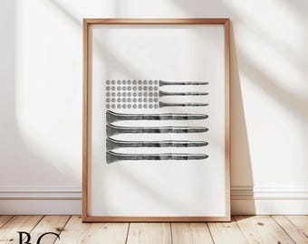 Black & white American flag made from golf tees and balls painting, Watercolor Golf Tee Art Print, Golf room decor, Golf player gift