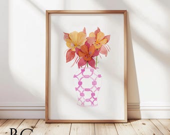 Watercolor Columbine Art Print: Pink Floral Vase, Colorado Flower