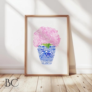 Pink Watercolor Peony print, Pink peonies in Blue Vase art print, Blue and White Vase art, Blue & Pink Country Home or Lakehouse Art Decor