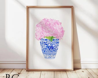 Pink Watercolor Peony print, Pink peonies in Blue Vase art print, Blue and White Vase art, Blue & Pink Country Home or Lakehouse Art Decor