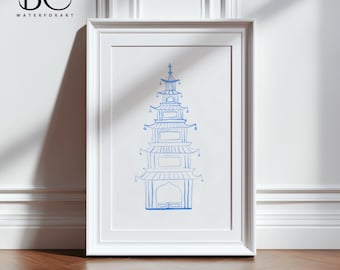 Watercolor Chinoiserie Pagoda Art Print: Blue Asian Decor