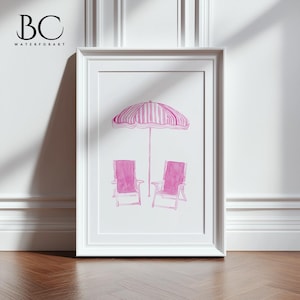 Watercolor Beach Chairs Wall Art, Watercolor Beach art, Beach Theme wall art, Umbrella Chair art, Blue, Pink, Purple Beach Chair art
