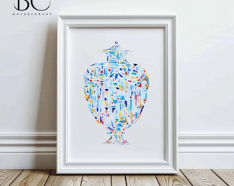 Watercolor Blue White Ginger Jar Art Prints, Blue vase print, Blue white porcelain print, Chinoiserie vase print, Hampton style