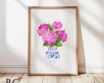 Watercolor Pink Hydrangea in Blue Vase Art Print, Hydrangea Blue and White Vase, Pink Hydrangea Print, Watercolor Hydrangea Wall Art