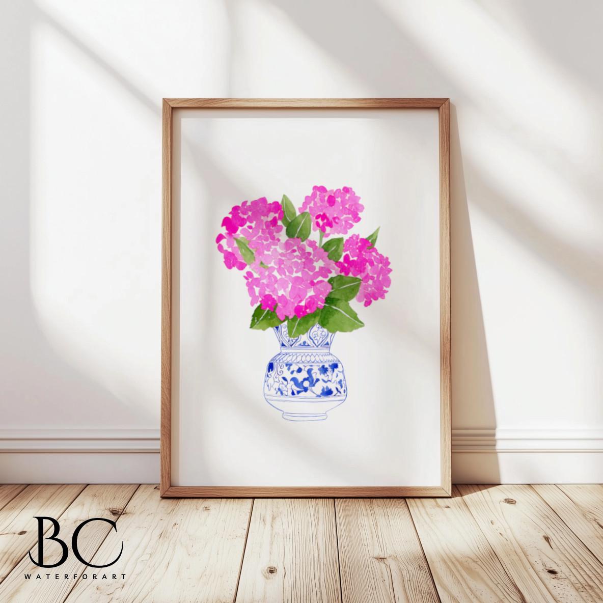 Watercolor Pink Hydrangea in Blue Vase Art Print, Hydrangea Blue and ...