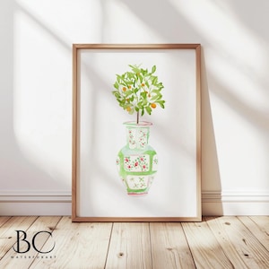 Watercolor orange chinoiserie art print, orange home decor, green vase print, green home decor, chinoiserie citrus tee, orange lover gift