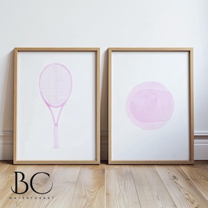 Conjunto de impresiones artísticas de tenis en acuarela, carteles de tenis, arte de pelotas y raquetas de tenis, arte de tenis, impresiones artísticas deportivas, arte infantil deportivo, decoración deportiva