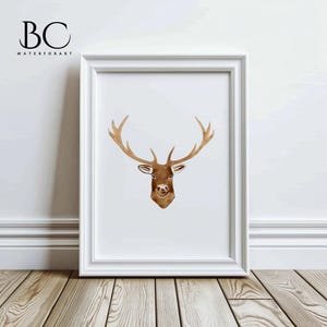 Impresión de arte de ciervos en acuarela, regalo amante de la naturaleza, arte de la pared de la sala de estar, cartel de vida silvestre, cartel de ciervos, decoración de la pared del campo, impresión de cabeza de ciervo