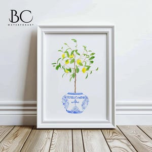 Watercolor Lemon Tree Art Print, Blue and White print, lemon home decor, Citrus Tree in vase, lemon lover gift